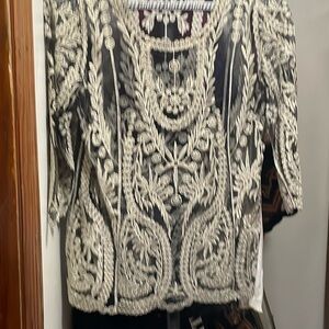 Cato Gray and White Embellished Sheer Blouse